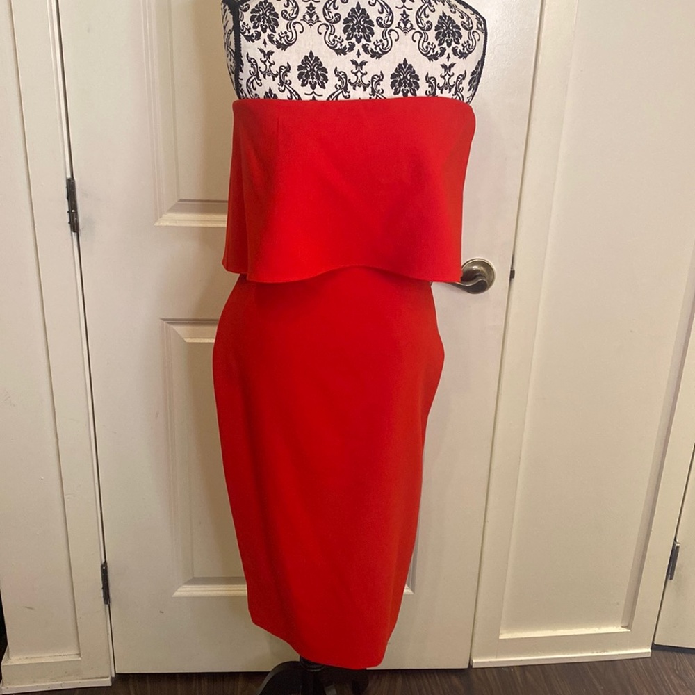 Likely Driggs Red Midi Strapless Popover Dress